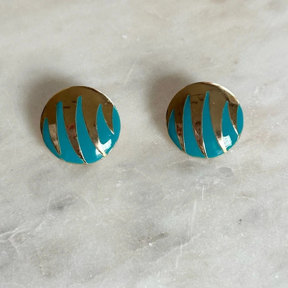 Vintage Jewelry - Vintage 80s Earrings Gold Tone Teal Enamel Large Round Disc Studs Statement